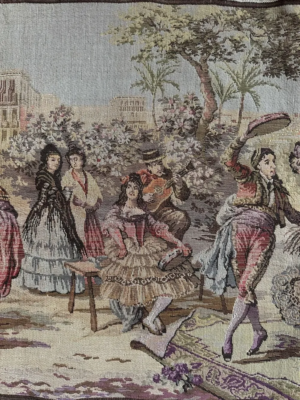 Vintage tapestry Spanish Woven Wall Art Made in Belgium Market Scene 57x20”